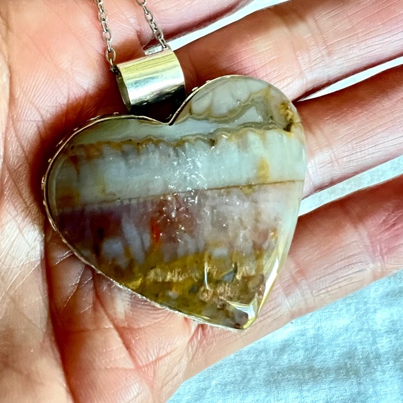 925 Earth Stone Red + Yellow! Moss Agate Heart ❤️ Necklace Pendant - Picture 4 of 9